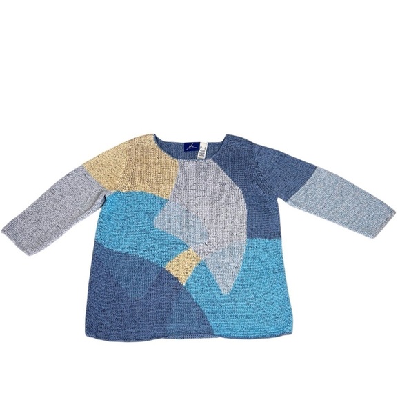 VTG J.H. COLLECTIBLES Blue Beige Color Block Long Sleeve Knit Sweater Top Sz XL - Picture 5 of 16